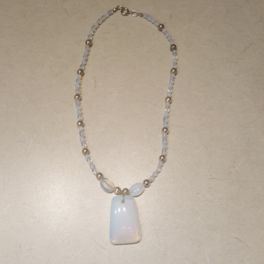 Handcrafted necklace silver irridesent drop